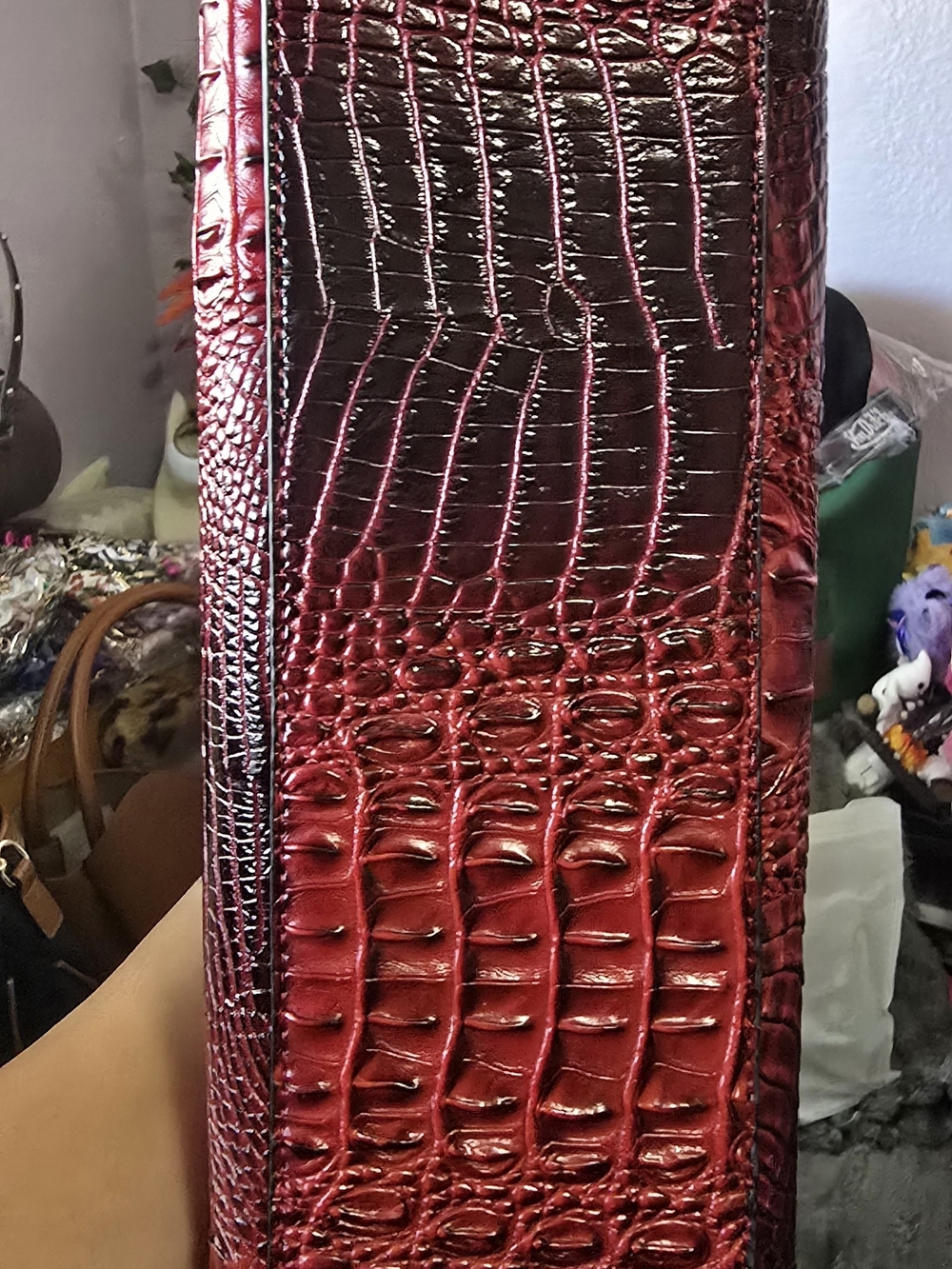 Red Croc-Embossed Structured Tote Handbag - Picture 3 of 7